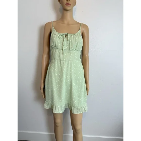 Abercrombie & Fitch-Mint Green, White Polka Dot, Smock, Ruffle Hem, Dress. Sz-S - Picture 3 of 9